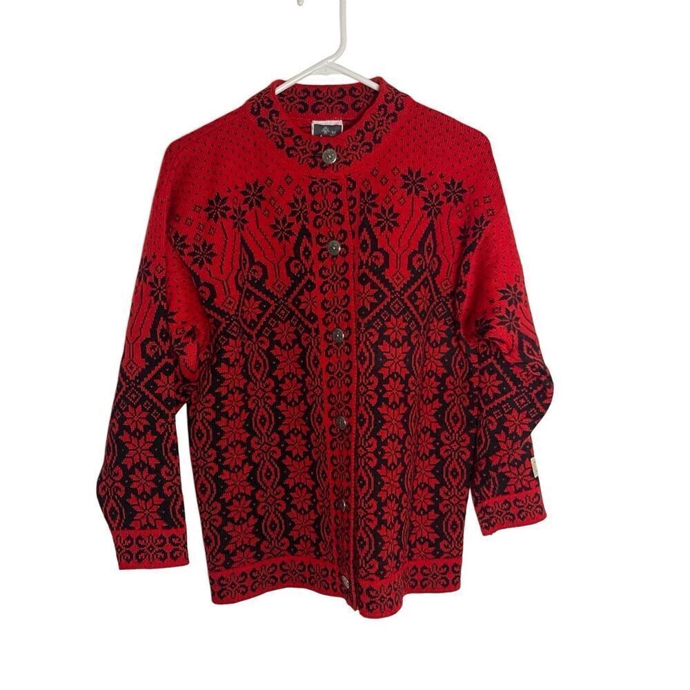 Dale of Norway Wool Button Front Red Black Nordic Cardigan Sweater Size S